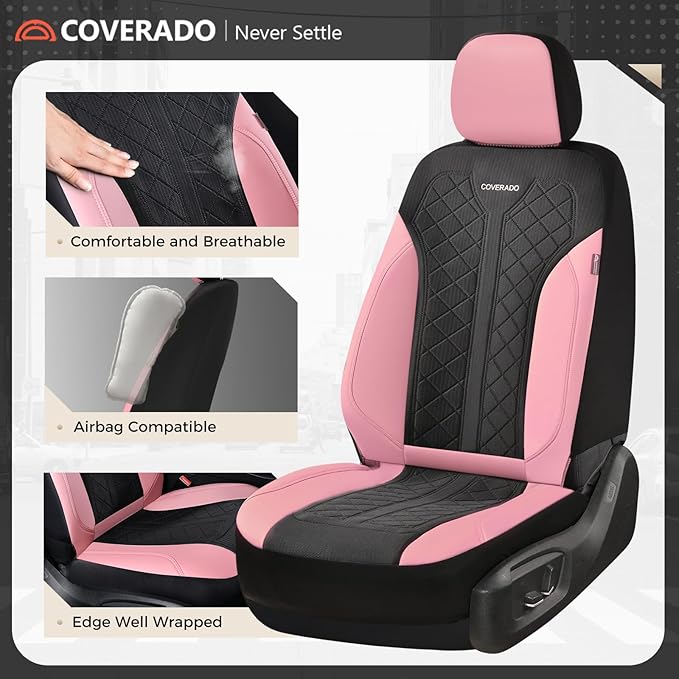 Coverado Car Seat Covers 2-Pack, Luxury Front Seat Covers, Automotive Car Seat Protectors, Pink Driver Seat Covers Universal 