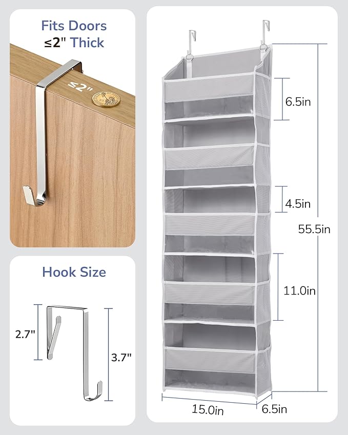 ULG 1 Pack Over Door Organizer with 5 Large Pockets 10 Mesh Side Pockets, 44 lbs Weight Capacity Hanging Storage Organizer wi