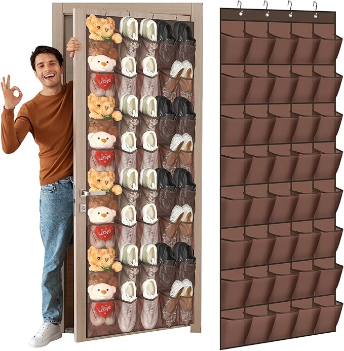 Windyun 40 Over the Door Shoe Organizer Large Breathable Mesh Pockets Hanging Shoe Rack for Closet Brown Behind Door Hanger S