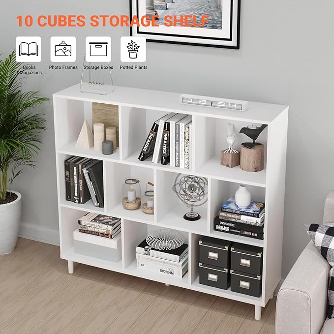 10 Cube Storage Organizer |Wide Bookshelf|3 Shelf Bookcase |Library Bookcase -Cubic Storage Cabinet（Storing Books,Toys & More
