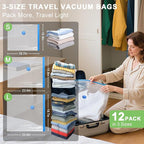 12 Pack Vacuum Seal Bags for Clothing Travel with -60000Pa USB Pump, Save 80% of Space for Clothes (12 Combo)