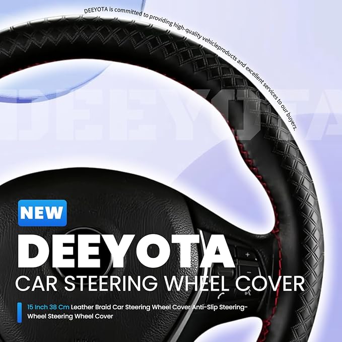 DEEYOTA Car Steering Wheel Cover Universal Fit Round Stitch Steering Wheel Wrap Thin PU Leather Steering Wheel Cover Sewn on 