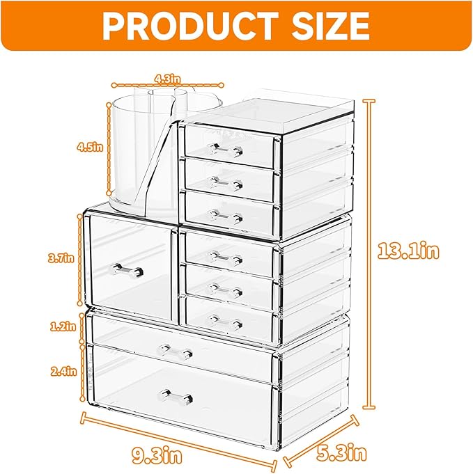 SuoXing 3 Pack Clear Acrylic Makeup Organizer for Vanity With 9 Drawer, Skincare Organizers Countertop With Make up Brush Hol