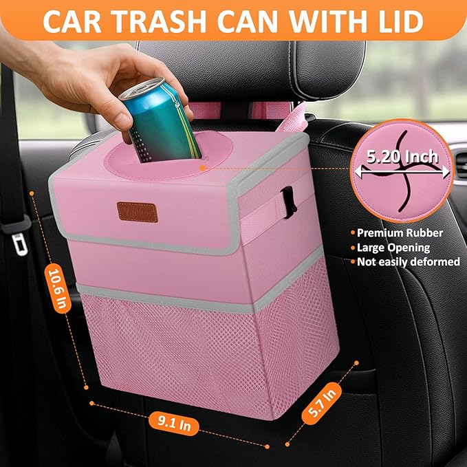 Pink Car Trash Can Cute, Pink Car Accessories for Women Waterproof Automotive Garbage Cans Leak Proof Vehicle Trash Can