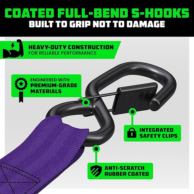 Rhino USA Retractable Ratchet Straps (2-Pack) - 1 Inch x 10 Feet (1,209lb Break Strength) - Auto Self Retracting Tie Down Straps for Truck, Cargo Trailer, Motorcycle, ATV, UTV - Purple