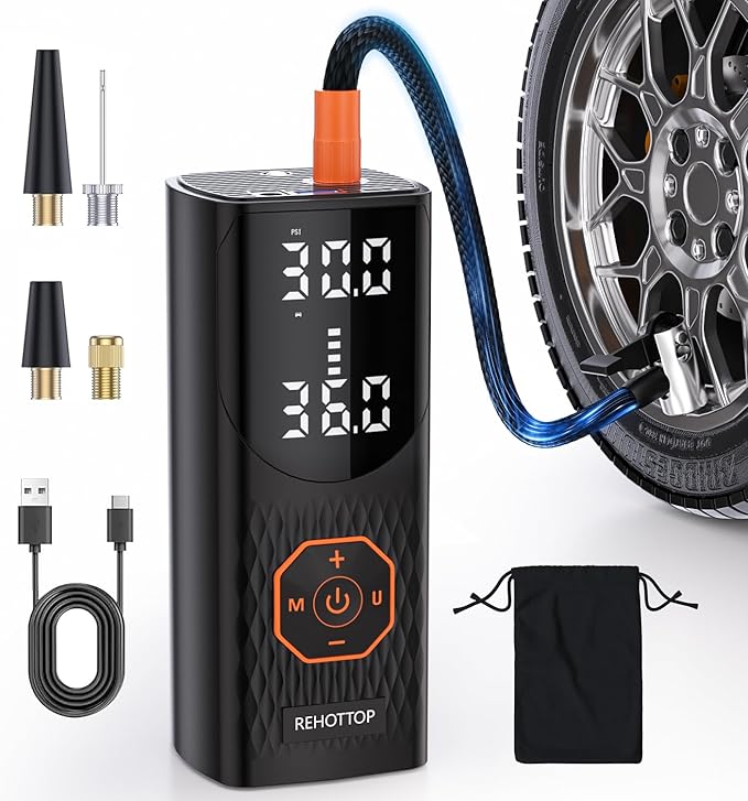 Tire Inflator Portable Air Compressor 160PSI Air Pump For Car Tires with Digital Pressure Gauge, LED Light & Fast Inflation - Cordless Pump for Car, Motorcycle, Bicycle, Ball, Matte Black