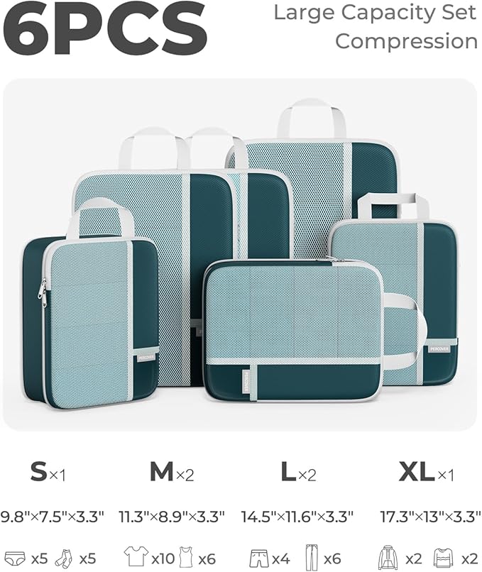 Percover Compression Packing Cubes 6-Piece Set, Packing Cubes Compression for Travel with Multi-Size Organization, Travel Org