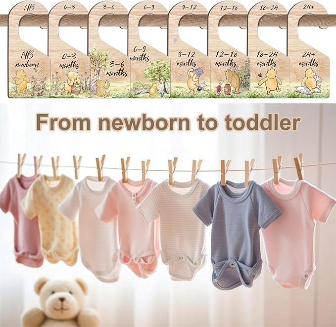 8PCS Classic Winnie Baby Closet Dividers for Newborn, the Pooh Baby Nursery Decor Wooden Hanger, Winnie Clothes Dividers for 