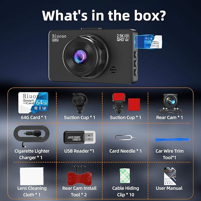 Dash Cam Front and Rear Dash Camera WiFi/APP Control Car Camera with 64G Card 2.5K Front Dash Cam+1080P Rear Dashcams with Su