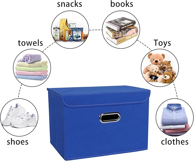 Linen Fabric Foldable Collapsible Storage Cube Bin Organizer Basket Fabric Storage Bins with Lid, Leather Handles, Removable 