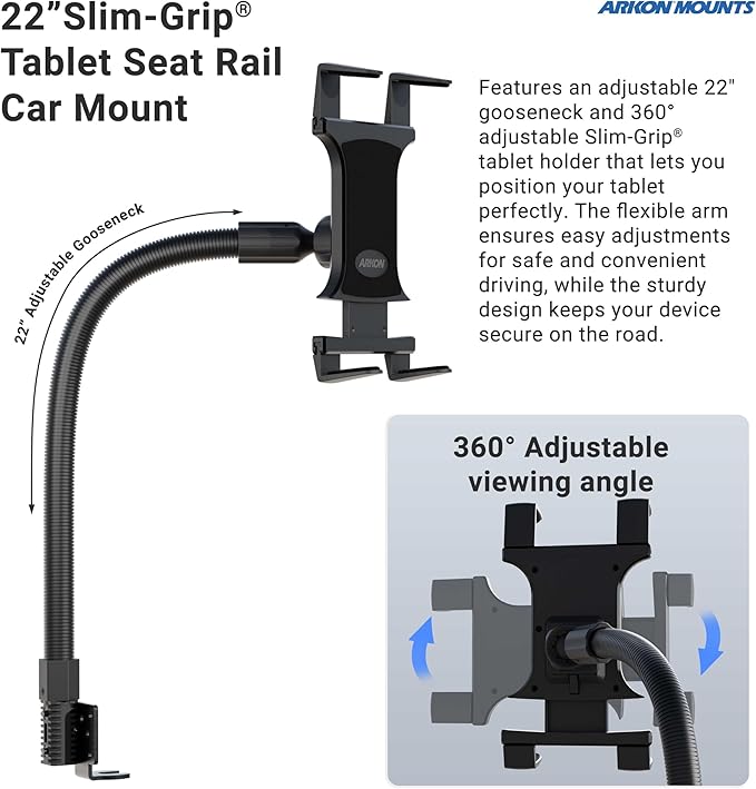 ARKON Mounts - Car Tablet Mount with 22-inch Arm and Seat Rail Attachment | Gooseneck Tablet Holder | Aluminum Construction | Ideal for Cars and Trucks