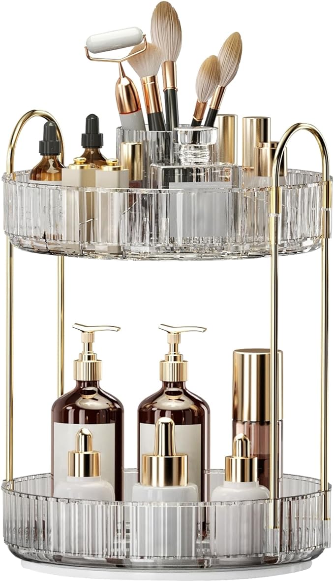 360° Rotating Makeup Organizer, Large-Capacity Skincare Make Up Storage 2 Tier Perfume Organizers Cosmetic Dresser Organizer 