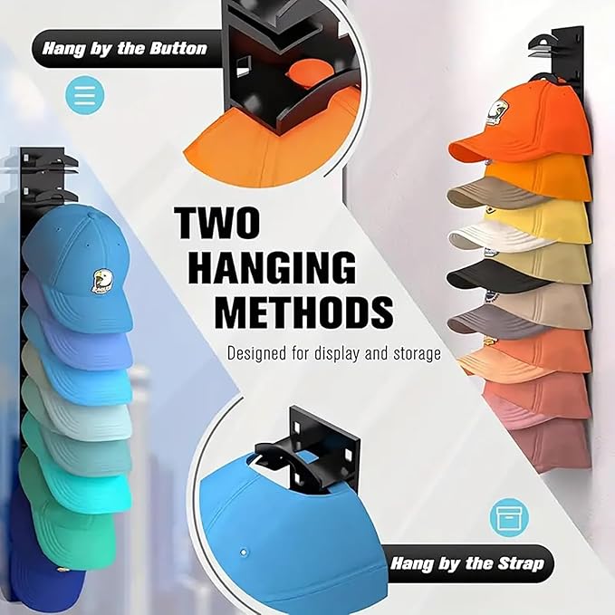 2-Pack Hat Organizer for Baseball Caps, 20-Cap Wall Mounted Hat Rack, No-Drill Adhesive or Screw-In Hat Hanger, Sturdy Vertic