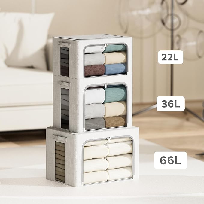 4 Pack Clothes Storage Bins with Metal Frame - 66L Stackable Storage Box with Lid，Foldable Storage Container Organizer for Cl