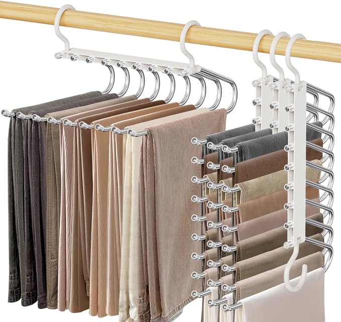 Upgrade 9 Layers Pants Hangers Space Saving, 4 Pack Pant Hangers Organizer Multifunctional Pants Rack Space Saver Closet Orga