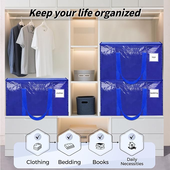 16 Pack Extra Large Heavy Duty Moving Bags, Blue Storage Bins with Lids, Reinforced Handles & Heavy-Duty Zippers Moving Boxes