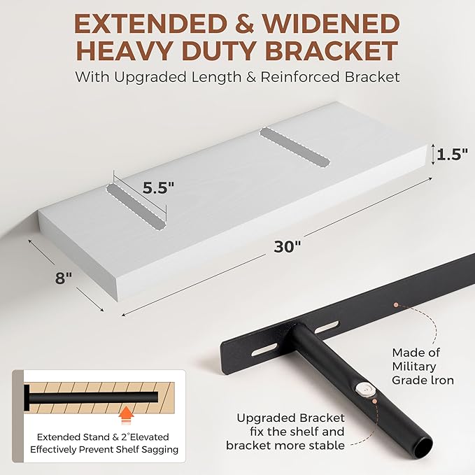 Dreamland 30 Inch White Floating Shelves for Wall,8 Inch Deep Floating Shelves,30" W x 8" D Wall Shelves for Bedroom,Living R