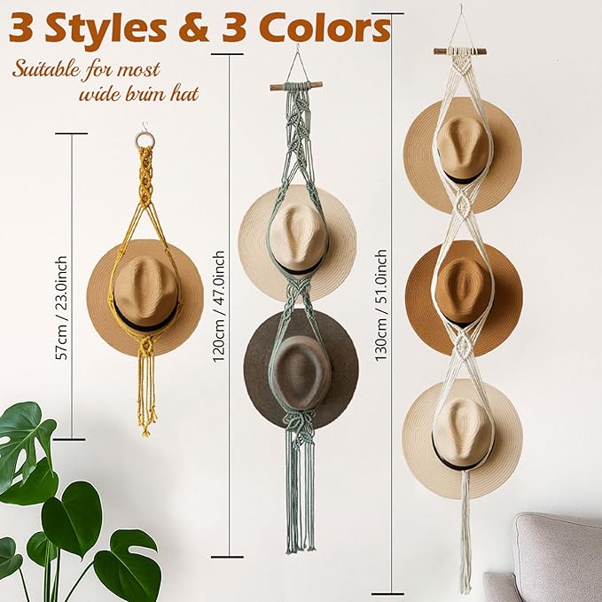 Bohemian Hat Rack Hat Hanger, Macrame Hat Organizer for Wall Hanging, Handmade Hat Holder, Hat Storage for Wide-Brim Hats, Bo