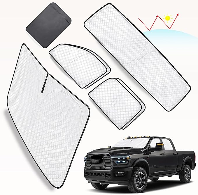 KMF 6pcs Thicken Full Window Sun Shades for Dodge Ram 1500 Crew Cab Accessories 2019-2025, Car Window Covers Sunshade for Windshield Side Rear, Sun Visor UV Block Privacy Blackout for Camping Outdoor