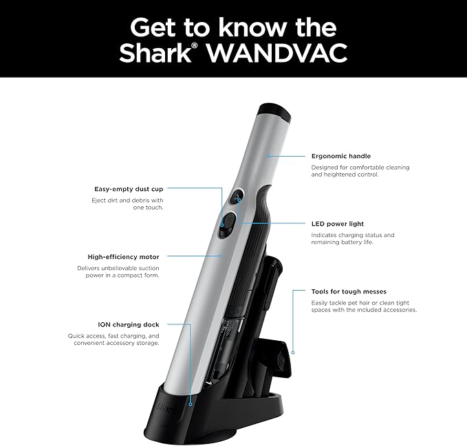 Shark WANDVAC Cordless Hand Vac, Lightweight, Versatile and Portable at 1.4 lbs., Powerful Suction, Charging Dock, One-Touch 