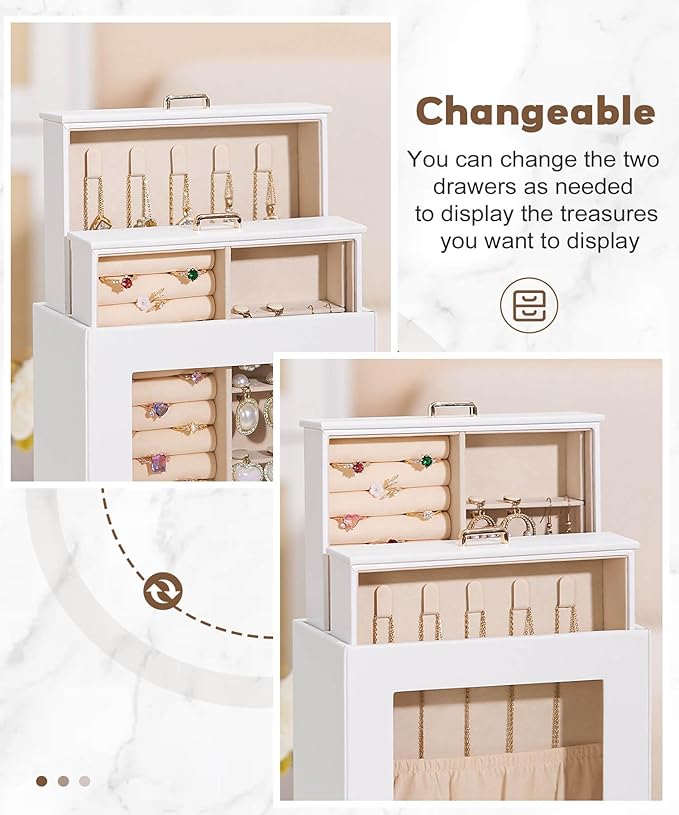 Homde Jewelry Organizer Girls Women Jewelry Box for Necklaces Rings Earrings Gift Bracelets Storage Case (White + Gold)