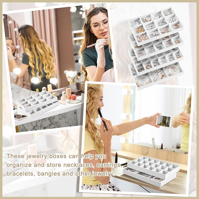 Junkin 12 Pcs Jewelry Tray Velvet Stackable Jewelry Organizer Trays Divided Earring Accessories Storage Containers Box (Rose 