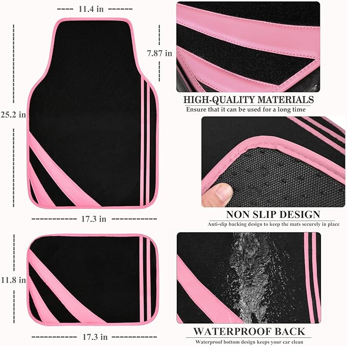 CAR PASS Pink Edge Faux Leather Car Floor Mats Universal Car Carpet Mats with Double Stitch Line Anti-Slip Backing Design, fo