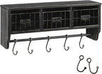 BizChair Wall Mounted Storage Rack - Blackwashed Solid Pine Wood - 24 Inch - Upper Shelf - 5 Hooks - Wire Baskets - For Entry