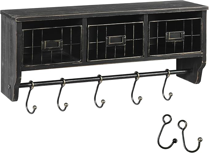 BizChair Wall Mounted Storage Rack - Blackwashed Solid Pine Wood - 24 Inch - Upper Shelf - 5 Hooks - Wire Baskets - For Entry