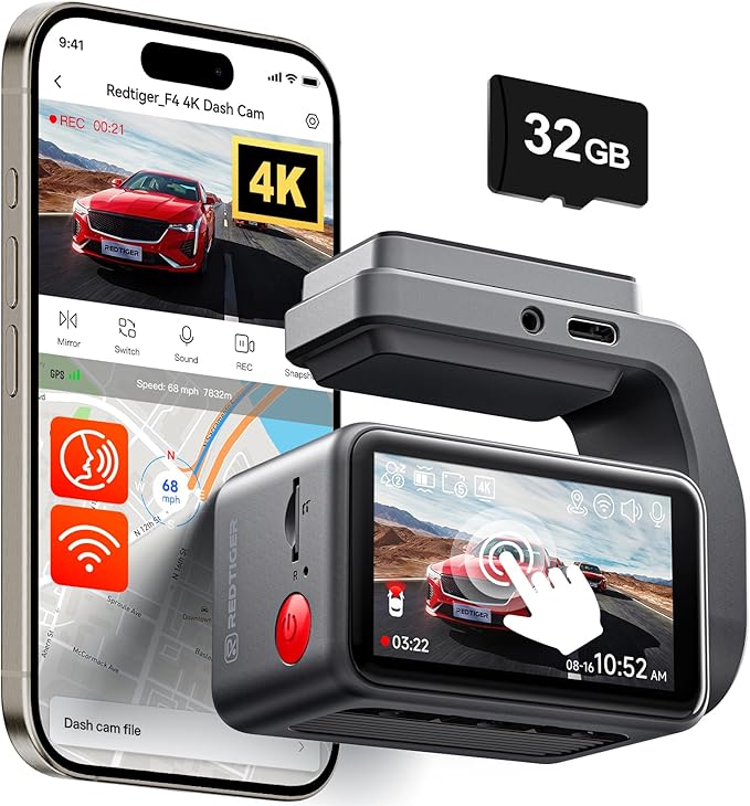 REDTIGER F4 4K Dash Cam Front, 2.2 inch Mini Car Camera, 2160P UHD Touch Screen, Voice Control, Included 32GB Card, Night Vis