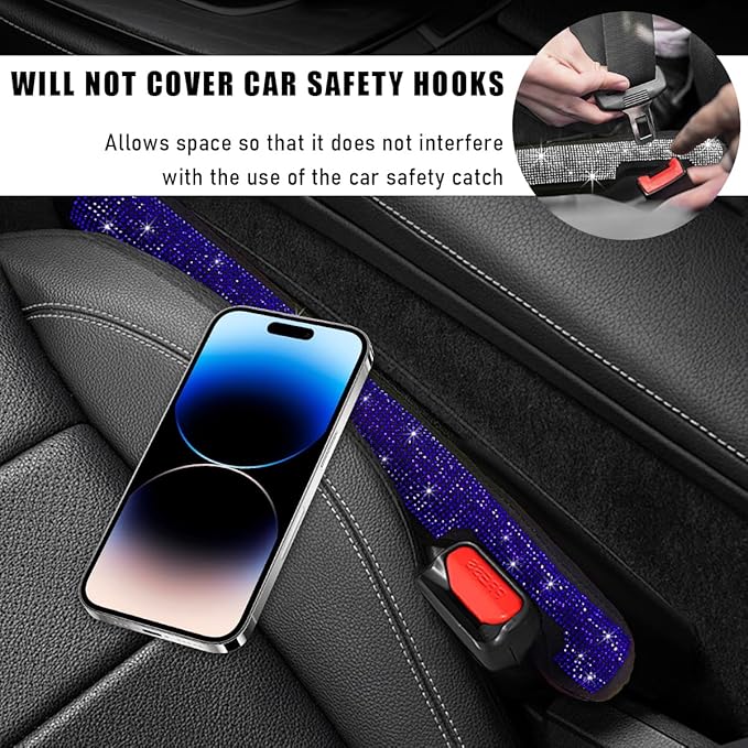 2PCS Bling Car Seat Gap Filler, Sparkling Rhinestone Side Seat Gap Blocker Stop Things from Dropping, Soft Foam Car Truck Filler Blocker Fill The Gaps Between Seats and Console (Blue)