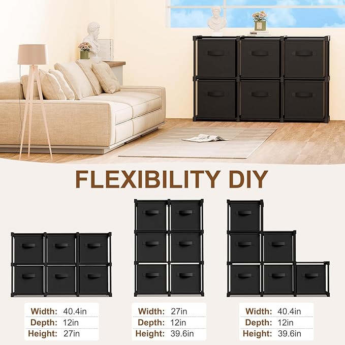 6 Cube Storage Organizer with Shelf Back to School Boxes 11 Inch Toy Storage Bins Closet Organizers Drawers Fabric Dresser fo