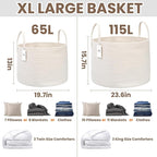 JMvicyroam 115L Extra Large Blanket Basket for Living Room - Woven Cotton Rope Laundry Hamper with Reinforced Handles - Stora