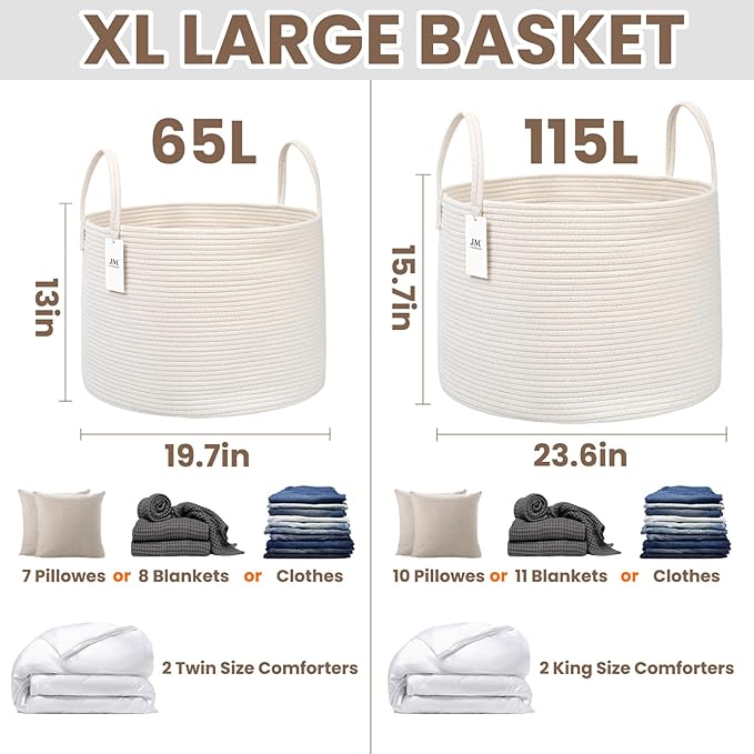 JMvicyroam 115L Extra Large Blanket Basket for Living Room - Woven Cotton Rope Laundry Hamper with Reinforced Handles - Stora