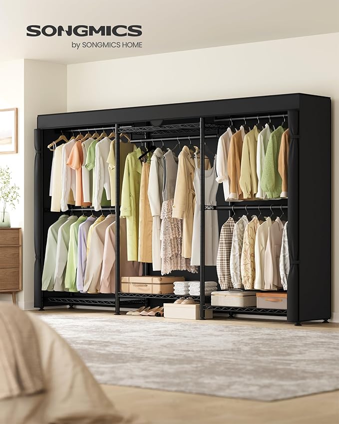 SONGMICS Heavy-Duty Rolling Clothes Rack, Garment Rack, Portable Closet on Wheels, with Adjustable Mesh Shelves and Hanging R