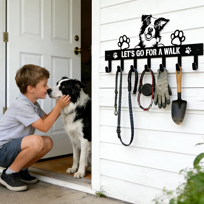 Border Collie Key Holder Wall Mount, Dog Leash Holder for Wall with 7 Hooks, Let‘s Go for a Walk Sign, Metal Black Entryway K