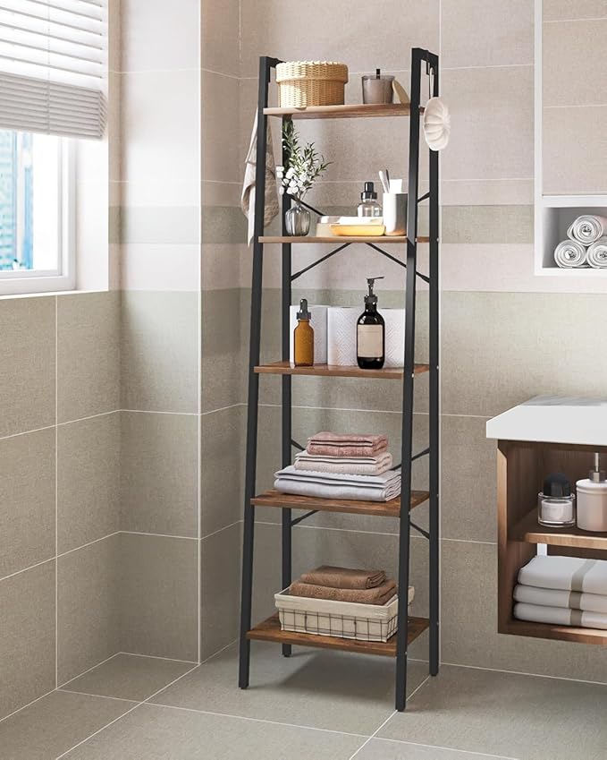 Hzuaneri Ladder Shelf, Bookshelf Bookcase, Freestanding Corner Storage Shelve with 2 Hooks for Home Office, Living Room, Kitc