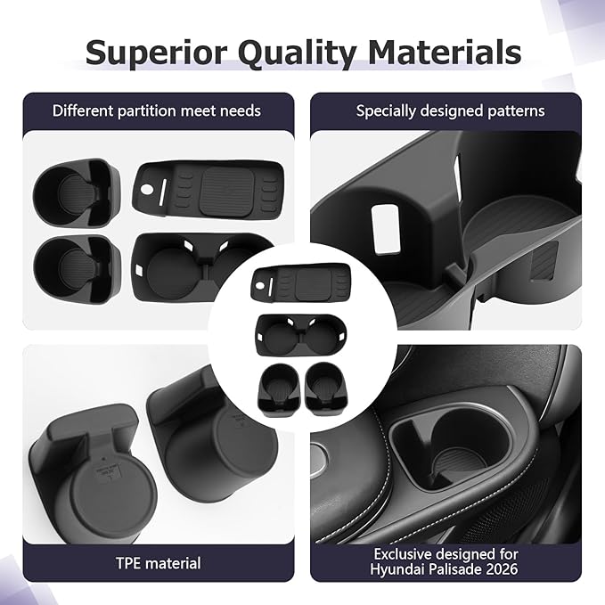 LUWU 2026 Palisade Accessories Compatible with 2026 Palisade SE/SEL/XRT/Limited/Calligraphy Accessories Center Console Silicone Cup Holder&Wireless Charging Mat&Rear Cup Holder 4PCS(Only for 7-Seat)