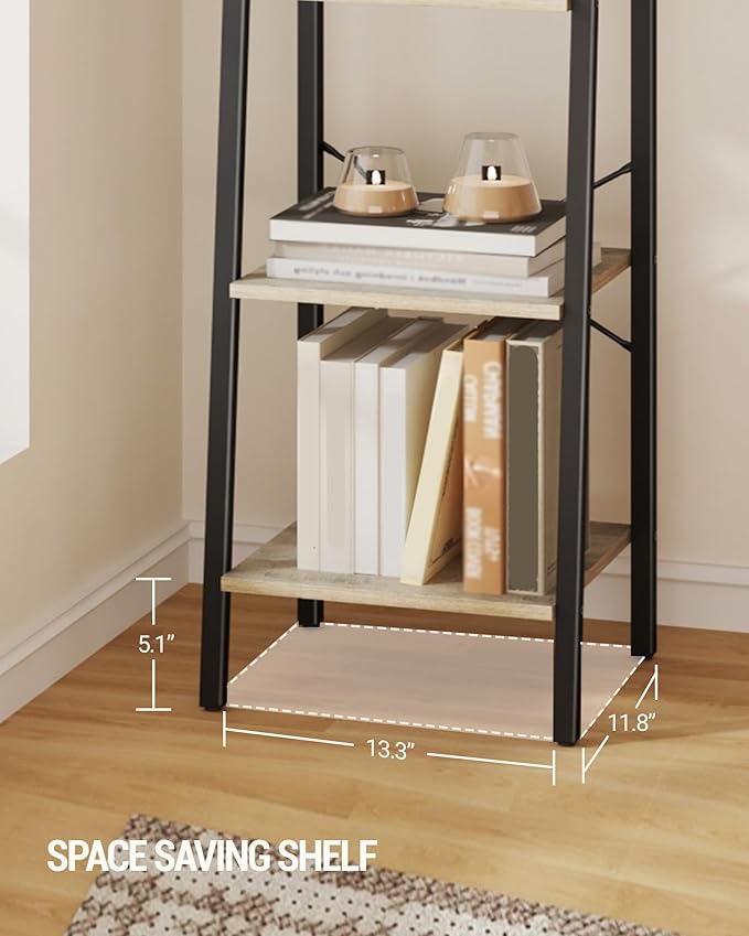 Hzuaneri Ladder Shelf, Bookshelf Bookcase, Freestanding Corner Storage Shelve with 2 Hooks for Home Office, Living Room, Kitc