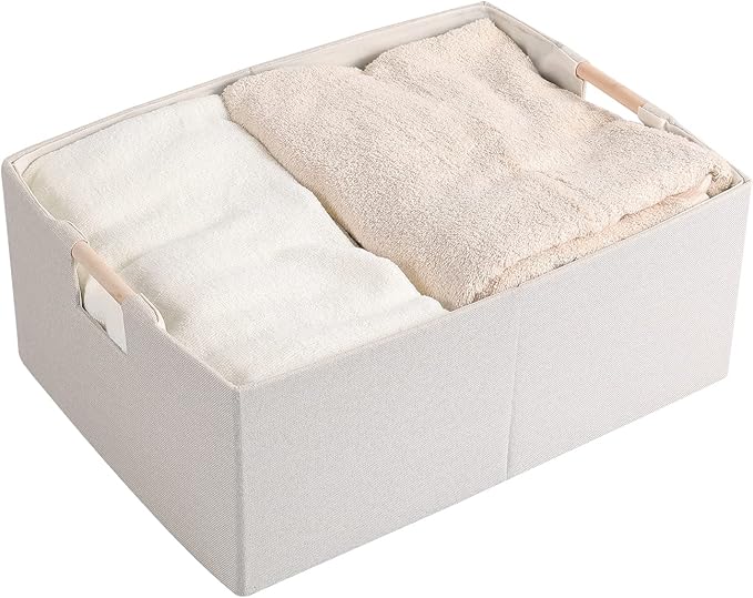 Fabric Storage Bin Box Foldable Cotton Linen Storage Basket with Wooden Handles Rectangular Cube Decorative Home Laundry Orga