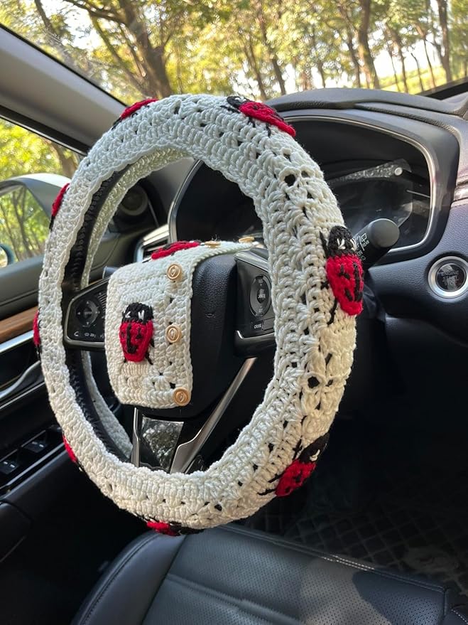 Crochet Ladybug Steering Wheel Cover Universal 14-15 inch (A,Wheel Cover+2 Belt Cover)