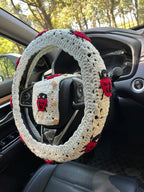 Crochet Ladybug Steering Wheel Cover Universal 14-15 inch (A,Wheel Cover+2 Belt Cover)