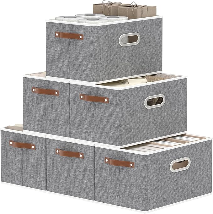 Yawinhe Fabric Storage Baskets, Foldable Closet Organizer for Shelves, Large Boxes with 3 Handles, Canvas Bins for Clothes, G