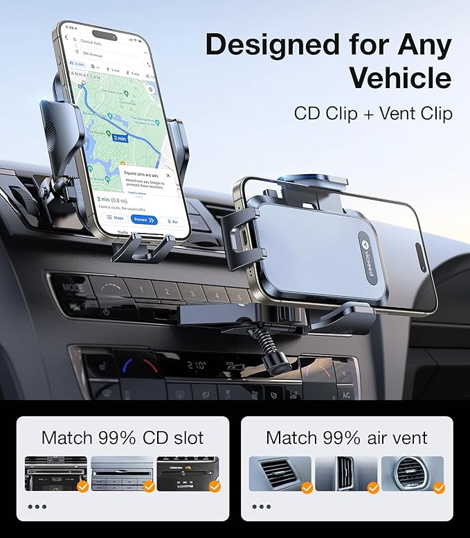 VICSEED Military-Grade Sturdy Car Phone Holder Mount, Upgraded Anti Shake Metal CD Slot & Air Vent Thick Case Friendly Phone Mount for Car Fit for iPhone 17 16 15 Samsung All Phones
