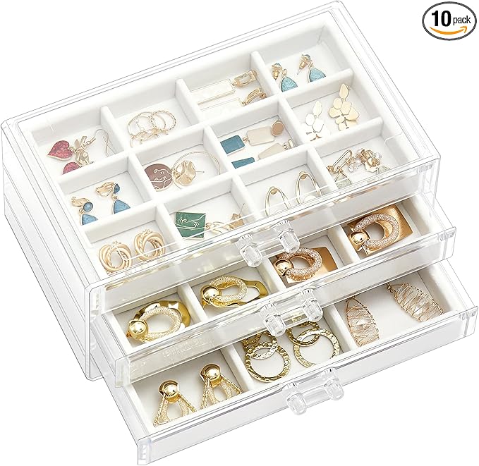 ProCase Earring Holder Organizer Jewelry Box with 3 Drawers, Acrylic Clear Earring Case with Adjustable Velvet Trays for Wome
