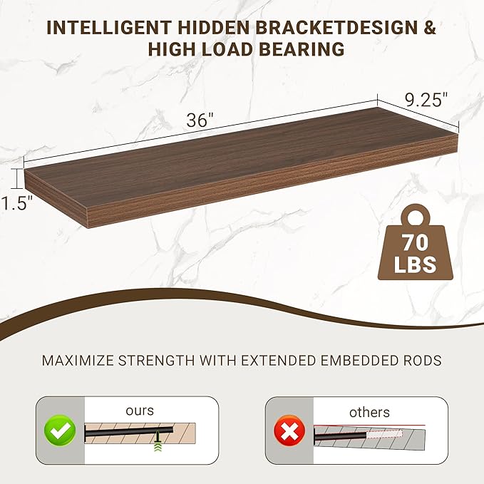 36 Inch Floating Shelves, 36"x9.25"x1.5" Inch Deep Floating Shelves for Wall, Wooden Shelves for Bathroom, Bedroom, Living Ro