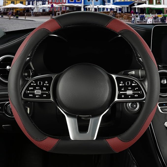 Microfiber Leather D Shaped Steering Wheel Cover, Breathable, Anti Slip, 13.5 inch to 14 inch, Black with Burgundy
