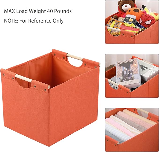 HOONEX Large Collapsible Storage Bins, Linen Fabric, Pack of 2, Storage Baskets with Wooden Carry Handles and Sturdy Heavy Ca
