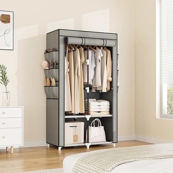VTRIN Portable Closet Wardrobe for Hanging Clothes with 4 Storage Shelves, 2 Hanging Rods and 6 Pockets, Stable and Easy Asse
