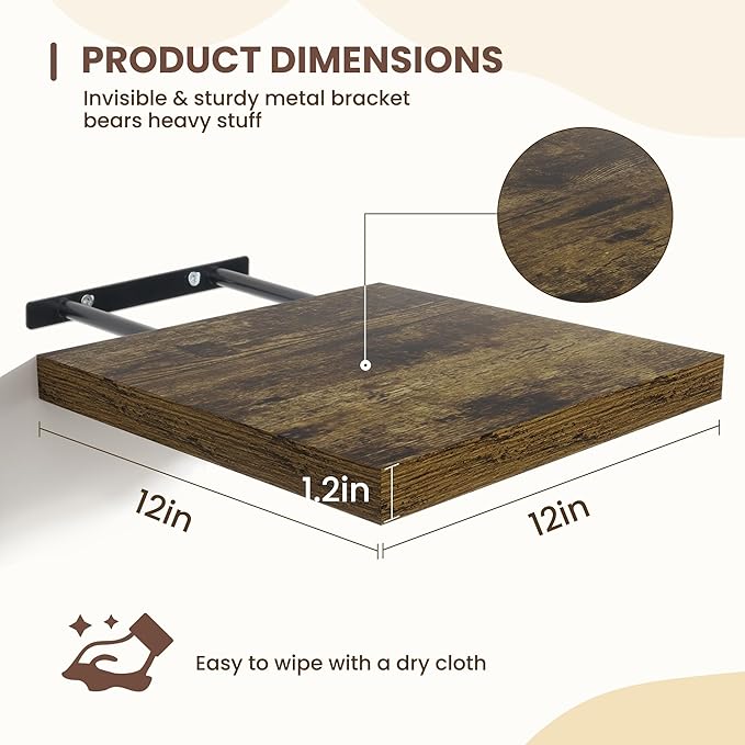 Fun Memories Square Floating Shelves for Wall - 12 Inch Deep Floating Shelves with Invisible Brackets, Brown Small Wall Shelf